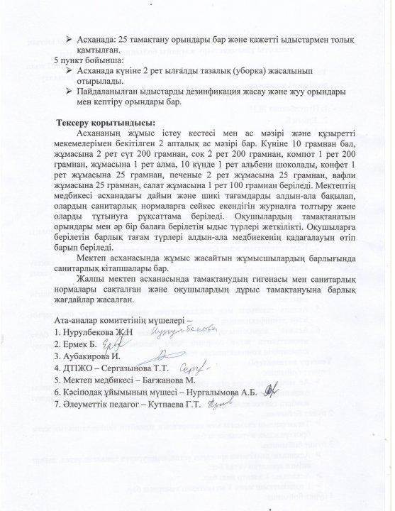 тамақтану бойынша тексеру актісі